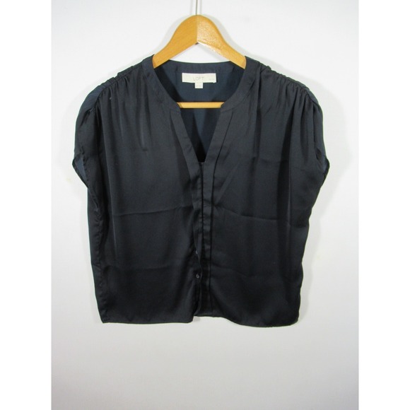 LOFT Tops - LOFT Satin Cap Sleeve Blouse Petite Women PM Navy Blue V-neck